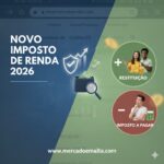 Infográfico sobre o Novo Imposto de Renda 2026 com destaque para isenção de 5 mil reais, dicas de restituição e imposto a pagar para o blog Mercado em Alta.